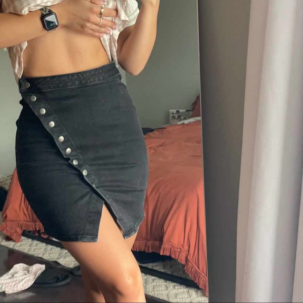 Bella Washed Black Denim Snap Button Front Mini Skirt